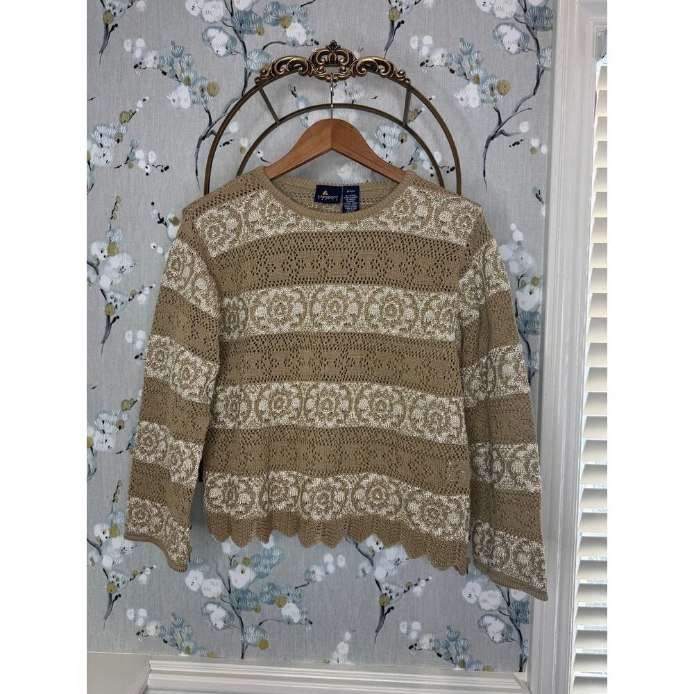 Lizsport Petite Tan Cream Striped Floral Lace Pointelle Knit Sweater Scallop Hem